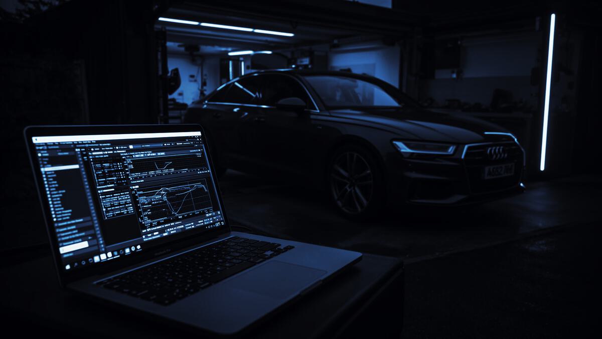 Laptop running tuning software beside an Audi in a garage
