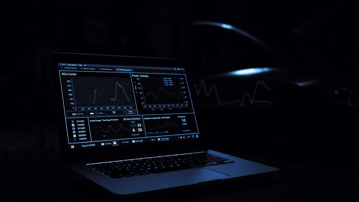 Tuning software showing power and torque curves on a laptop screen